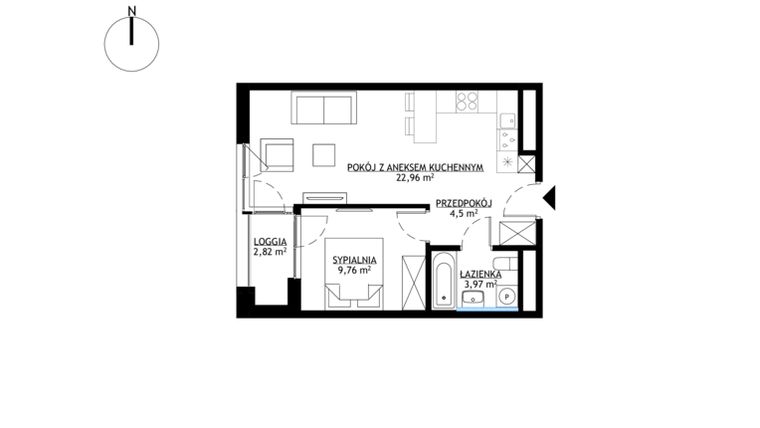 Rzut - Mieszkanie na sprzedaż 2 pokoje o powierzchni 41,19 m² - numer M55 w KrakoVska etap 2