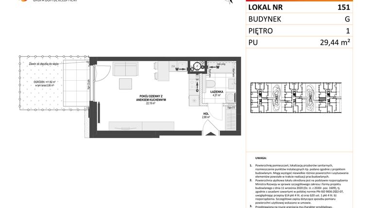 Rzut - Mieszkanie na sprzedaż 1 pokój o powierzchni 29,44 m² - numer G.151 w DOKI Living etap II