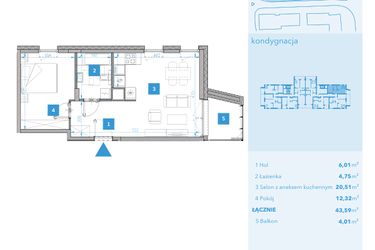 Rzut - Mieszkanie na sprzedaż 2 pokoje o powierzchni 43,65 m² - numer 26 w Apartamenty Macadamia