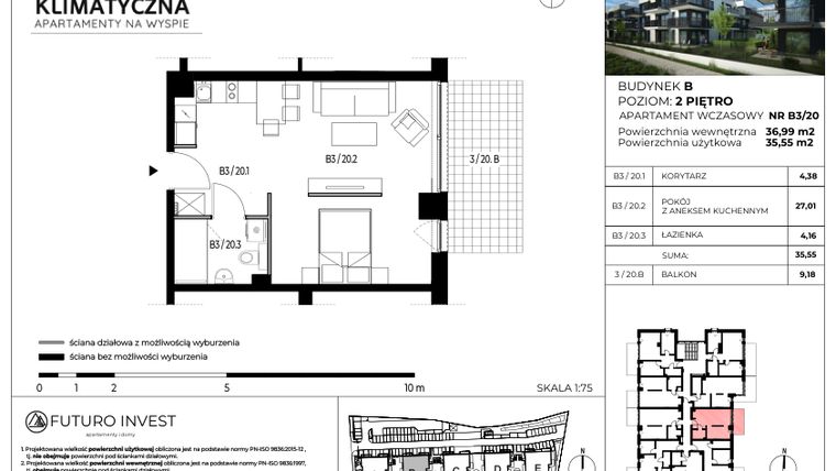 Rzut - Mieszkanie na sprzedaż 2 pokoje o powierzchni 36,03 m² - numer B3/20 w Apartamenty Klimatyczna