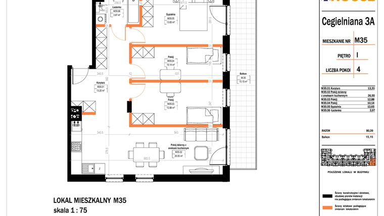 Rzut - Mieszkanie na sprzedaż 4 pokoje o powierzchni 80,39 m² - numer 35 w Osiedle StaLove etap II