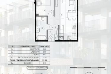 Rzut - Mieszkanie na sprzedaż 2 pokoje o powierzchni 37,8 m² - numer 42 w Młody Straszyn Park VI - bud. B