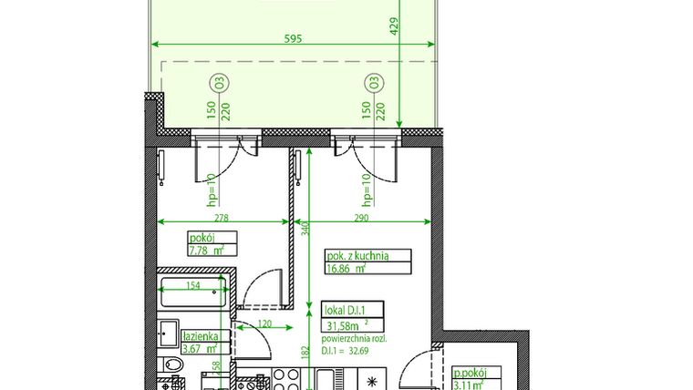 Rzut - Mieszkanie na sprzedaż 1 pokój o powierzchni 31,42 m² - numer D.I.1 w Osiedle Opolska