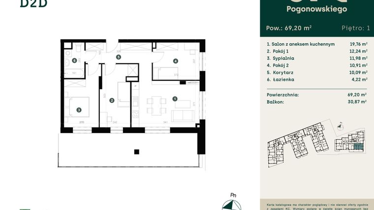 Rzut - Mieszkanie na sprzedaż 4 pokoje o powierzchni 69,33 m² - numer D-2D w Pogonowskiego 73