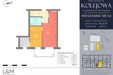 Rzut - Mieszkanie na sprzedaż 2 pokoje o powierzchni 45,22 m² - numer A.13 w Osiedle Kolejowa