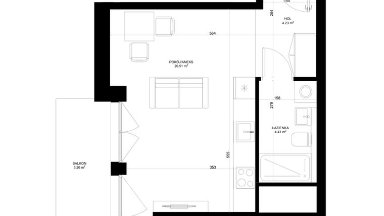 Rzut - Mieszkanie na sprzedaż 1 pokój o powierzchni 29,17 m² - numer F.7.5 w INSPIRE ETAP V – bud. F, G