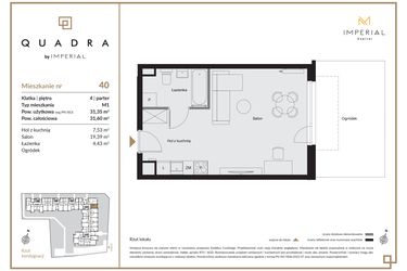 Rzut - Mieszkanie na sprzedaż 1 pokój o powierzchni 31,35 m² - numer 40 w QUADRA