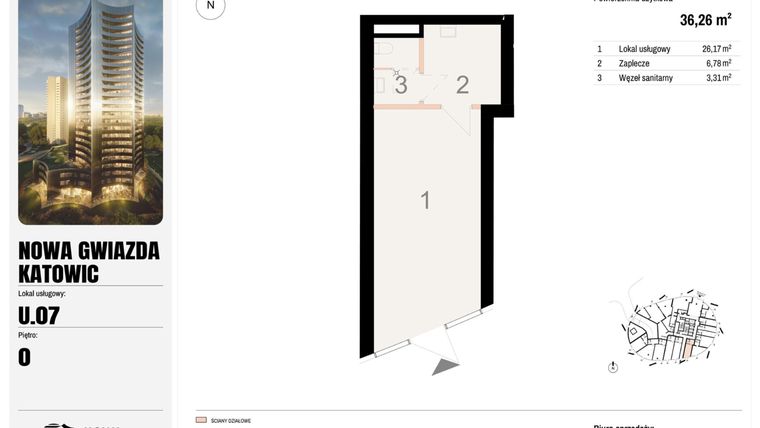 Rzut - Lokal użytkowy na sprzedaż 1 pokój o powierzchni 36,26 m² - numer U.07 w Nowa Gwiazda