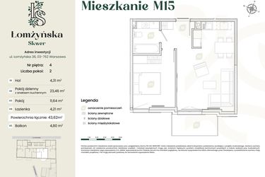 Rzut - Mieszkanie na sprzedaż 2 pokoje o powierzchni 43,62 m² - numer 15 w Łomżyńska Skwer