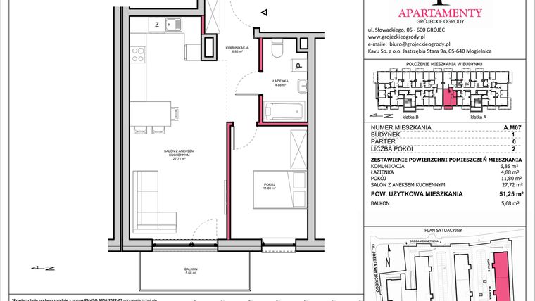 Rzut - Mieszkanie na sprzedaż 2 pokoje o powierzchni 51,25 m² - numer A.07 w Apartamenty Grójeckie Ogrody