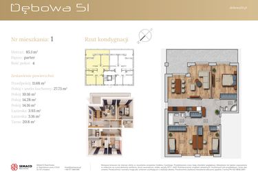 Rzut - Mieszkanie na sprzedaż 4 pokoje o powierzchni 85,1 m² - numer 51C.M1 w Dębowa 51