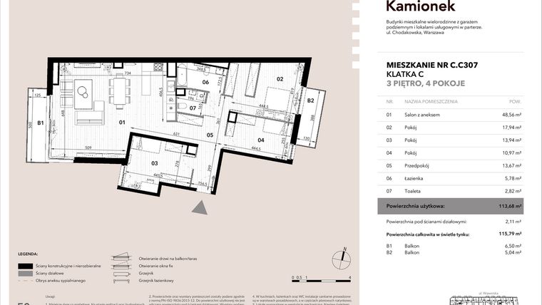 Rzut - Mieszkanie na sprzedaż 4 pokoje o powierzchni 113,68 m² - numer C.C307 w Nowy Kamionek
