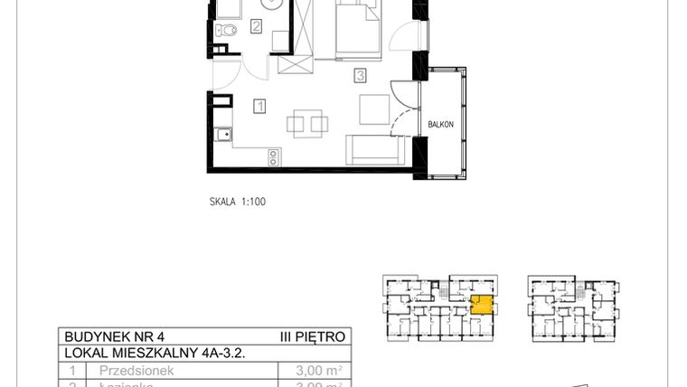 Rzut - Mieszkanie na sprzedaż 1 pokój o powierzchni 31,59 m² - numer 4A-3.2 w Gardenia Pogodno