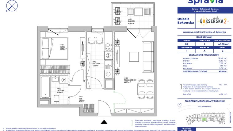 Rzut - Mieszkanie na sprzedaż 2 pokoje o powierzchni 45,3 m² - numer B1.40 w Osiedle Bokserska 2