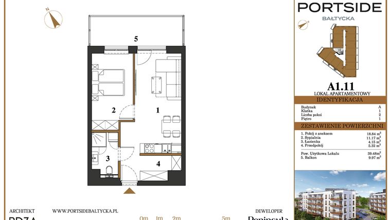 Rzut - Mieszkanie na sprzedaż 2 pokoje o powierzchni 39,48 m² - numer A1.11 w Portside Bałtycka
