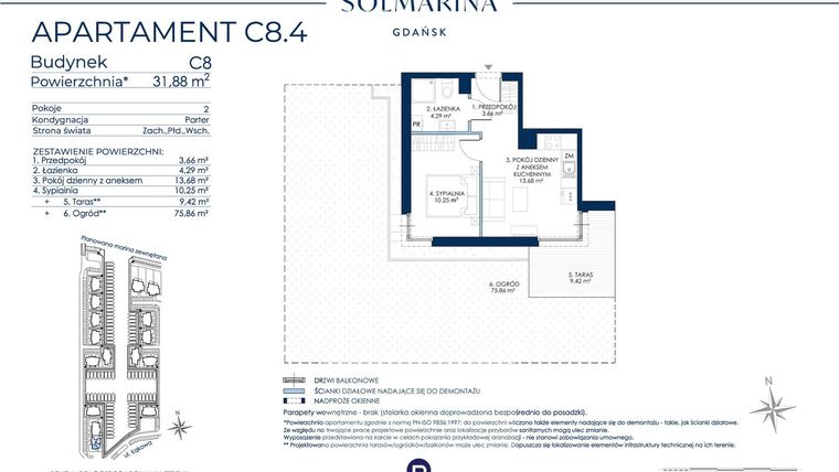Rzut - Mieszkanie na sprzedaż 2 pokoje o powierzchni 31,88 m² - numer C8.4 w Sol Marina etap III