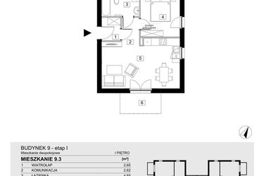 Rzut - Mieszkanie na sprzedaż 2 pokoje o powierzchni 43,55 m² - numer 9.3 w Jasieny