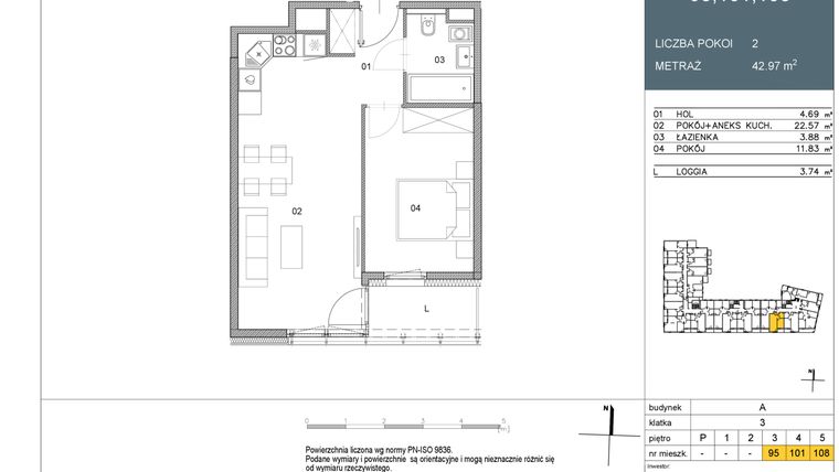 Rzut - Mieszkanie na sprzedaż 2 pokoje o powierzchni 42,97 m² - numer 95 w Morwowa 5