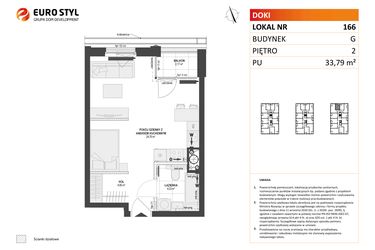 Rzut - Mieszkanie na sprzedaż 1 pokój o powierzchni 33,79 m² - numer G.166 w DOKI etap II (bud. G)