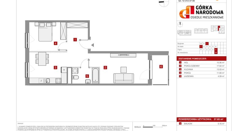 Rzut - Mieszkanie na sprzedaż 2 pokoje o powierzchni 57,65 m² - numer GN_4_1_I_28 w Osiedle Górka Narodowa
