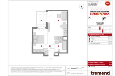 Rzut - Mieszkanie na sprzedaż 2 pokoje o powierzchni 37,35 m² - numer B.18 w Dzielnica Mieszkaniowa Metro Zachód - etap 8.2