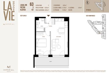 Rzut - Mieszkanie na sprzedaż 2 pokoje o powierzchni 43,35 m² - numer 63 w La Vie House