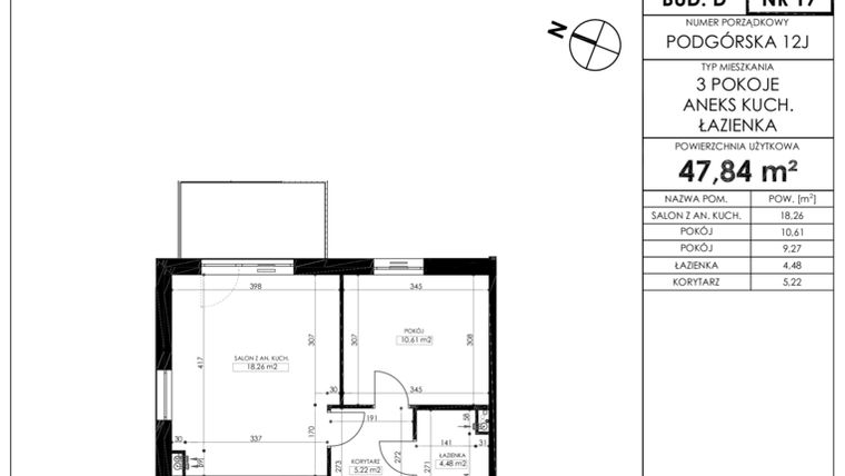 Rzut - Mieszkanie na sprzedaż 3 pokoje o powierzchni 47,84 m² - numer D-LM-17 w Osiedle Podgórska