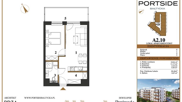 Rzut - Mieszkanie na sprzedaż 2 pokoje o powierzchni 39,48 m² - numer A2.10 w Portside Bałtycka