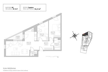 Rzut - Mieszkanie na sprzedaż 3 pokoje o powierzchni 76,14 m² - numer B1.8.7 w Alvarium 2.0