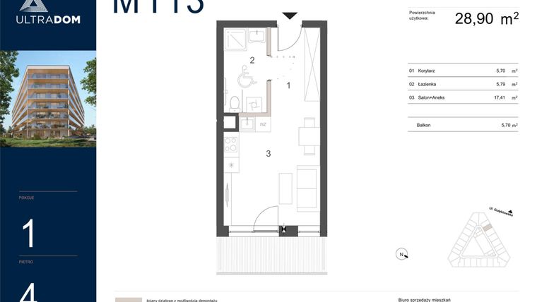 Rzut - Mieszkanie na sprzedaż 1 pokój o powierzchni 28,9 m² - numer M113 w Ultradom