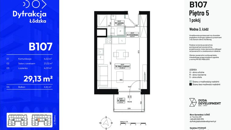 Rzut - Mieszkanie na sprzedaż 1 pokój o powierzchni 29,13 m² - numer B107 w Dyfrakcja Łódzka