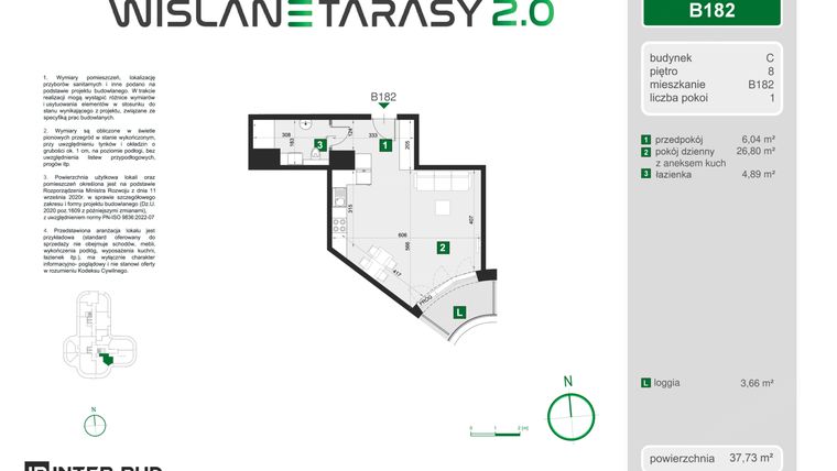 Rzut - Mieszkanie na sprzedaż 1 pokój o powierzchni 37,73 m² - numer 182 w Wiślane Tarasy 2.0 budynek C