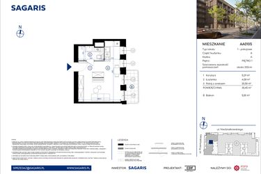 Rzut - Mieszkanie na sprzedaż 1 pokój o powierzchni 30,45 m² - numer AA0105 w Niedziałkowskiego Park