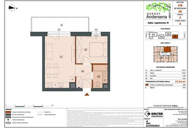 Rzut - Mieszkanie na sprzedaż 2 pokoje o powierzchni 37,54 m² - numer 20D w Ogrody Andersena