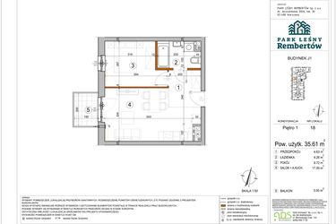 Rzut - Mieszkanie na sprzedaż 2 pokoje o powierzchni 35,61 m² - numer J1-18 w Park Leśny Rembertów etap VIII