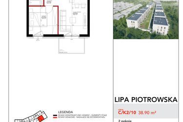 Rzut - Mieszkanie na sprzedaż 2 pokoje o powierzchni 38,9 m² - numer C/2/10 w Lipa Piotrowska