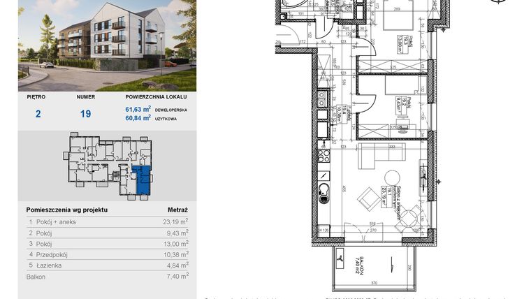 Rzut - Mieszkanie na sprzedaż 3 pokoje o powierzchni 60,84 m² - numer 19 w Balantia