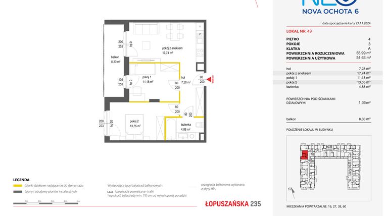Rzut - Mieszkanie na sprzedaż 3 pokoje o powierzchni 58,48 m² - numer 49 w Neo Nova Ochota 6