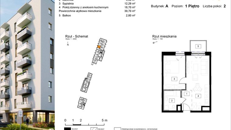 Rzut - Mieszkanie na sprzedaż 2 pokoje o powierzchni 39,7 m² - numer A.10 w Osiedle Kochanowskiego - Gliwice
