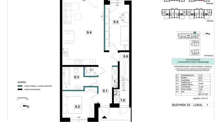 Rzut - Mieszkanie na sprzedaż 3 pokoje o powierzchni 67,17 m² - numer 63-1 w Błonie Bosco