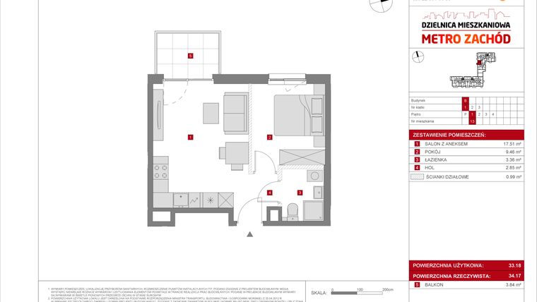 Rzut - Mieszkanie na sprzedaż 2 pokoje o powierzchni 33,18 m² - numer B.13 w Dzielnica Mieszkaniowa Metro Zachód - etap 8.2