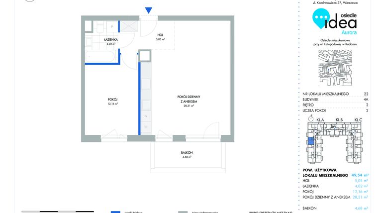 Rzut - Mieszkanie na sprzedaż 2 pokoje o powierzchni 49,56 m² - numer 22.4A w Osiedle Idea Aurora