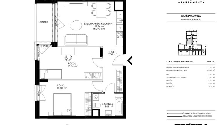 Rzut - Mieszkanie na sprzedaż 3 pokoje o powierzchni 65,85 m² - numer 401 w Chronos