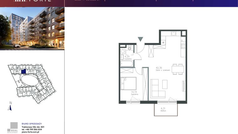 Rzut - Mieszkanie na sprzedaż 1 pokój o powierzchni 60,84 m² - numer A.1.03 w Piano