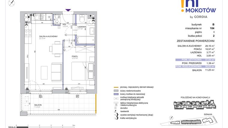 Rzut - Mieszkanie na sprzedaż 2 pokoje o powierzchni 38,93 m² - numer A1.B.104 w Hi Mokotów