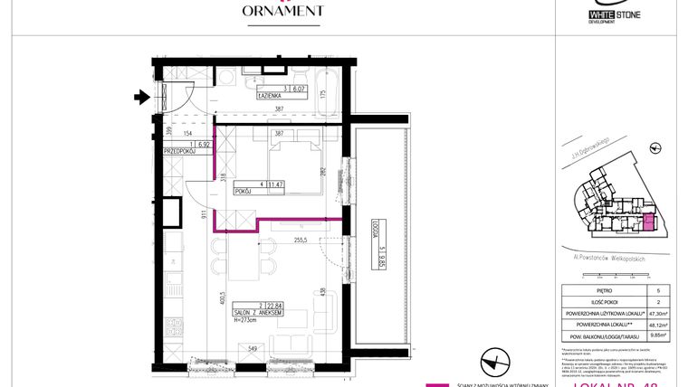Rzut - Mieszkanie na sprzedaż 2 pokoje o powierzchni 47,3 m² - numer 48 w Ornament