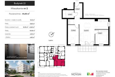 Rzut - Mieszkanie na sprzedaż 3 pokoje o powierzchni 61,05 m² - numer 2 w Novum Rumia - bud. 22
