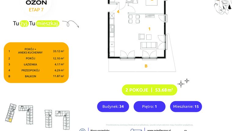 Rzut - Mieszkanie na sprzedaż 2 pokoje o powierzchni 53,68 m² - numer 34.15 w Osiedle Ozon etap VII