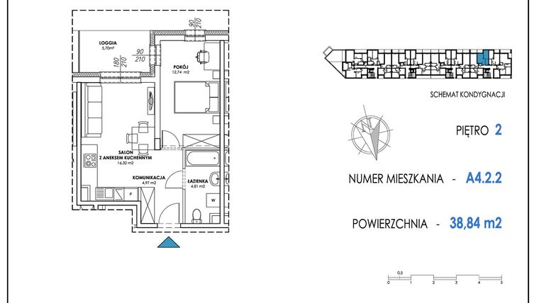 Rzut - Mieszkanie na sprzedaż 2 pokoje o powierzchni 38,91 m² - numer A4.2.2 w Apartamenty Nowe Miasto