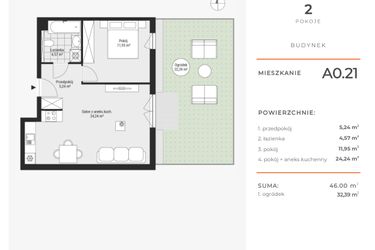Rzut - Mieszkanie na sprzedaż 2 pokoje o powierzchni 46,01 m² - numer A0.21 w Enklawa Bukowa